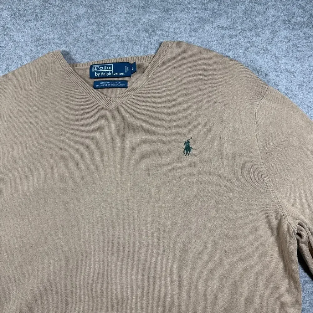 Vintage 90s Polo Ralph Lauren Pima Cotton Sweater Mens L Tan V-Neck Preppy Knit